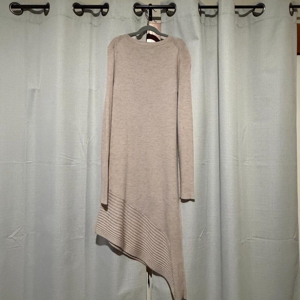 AllSaints Keld Ribbed Merino Wool Asymmetrical Sweater Dress Cream L - Picture 5 of 12